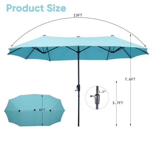 13Ft Large Patio Umbrella Outdoor Double-Sided Market Umbrella w/Easy Crank for Yard, Poolside, Deck, Blue - color: Blue, size: 13FT Umbrella