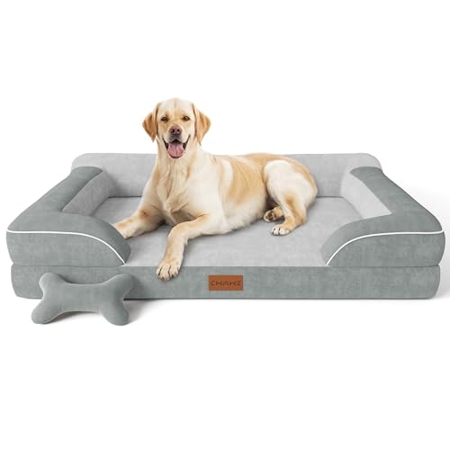 CWAWZ Jumbo Dog Beds for Extra Large Dogs, Orthopedic Dog Bed with Cooling Gel Memory Foam, Waterproof Pet Bed with Removable Washable Cover, 45" Pet Sofa Couch Velvet with Bone Toy, Light Gray - color: Light Grey, size: Jumbo(45"L x 35"W x 9.5"Th)