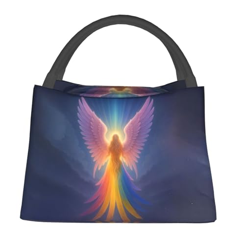 Rainbow Angel Reusable Lunch Box,Colorful Feather Starry Sky Lunchbox for Women Girls,Insulated Lunchbag,11in*6.3in*6.7in,Gifts Makeup Bag,Portable Handbag for Picnic Work Travel Hiking - color: Angel