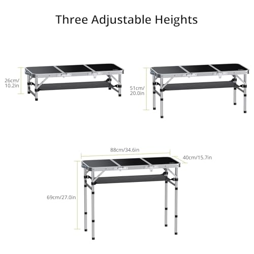 Anbte Folding Camping Table with Storage Net, 3ft Camping Table Aluminum Folding Table with 3 Adjustable Height Max 27.1 Inch Picnic Table Portable Table for Outdoor Backyard BBQ, Black - color: Black
