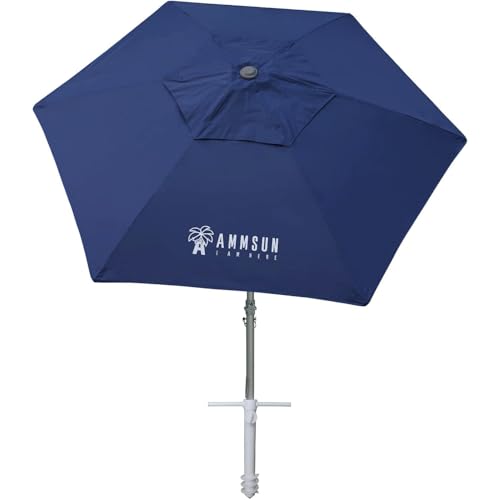 AMMSUN 8ft Large Beach Umbrellas for Sand Heavy Huty Wind Portable Commercial Grade Patio Beach Umbrella with Sand Anchor Hanging Hook Weight Sandbag Adjustable Height Air Vent UPF 50+ Telescoping Pole without tilt Navy - color: Navy