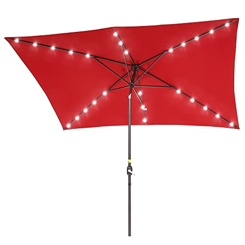 Rectangle Patio Umbrella with Solar Lights, 10 x 6.5ft Rectangular Outdoor Umbrella Table Market Patio Umbrella with Push Button Tilt and Crank for Garden, Deck, Backyard, Pool - color: Chill Red