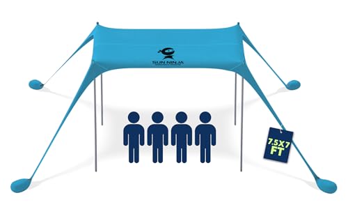SUN NINJA Beach Tent Sun Shelter UPF50+ - Easy Pop Up Beach Canopy - Outdoor Shade for Camping Trips, Fishing, Backyard Fun Picnics - Sand Shovel, Ground Pegs & Stability Poles - color: Turquoise, size: 7x7.5 FT 4 Pole