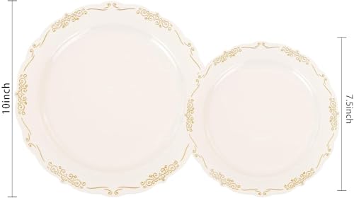 U-QE 100 PCS Ivory Plastic Plates with Gold Rim - Gold Plastic Plates for Party - Heavy Duty Plastic Plates Disposable Use Including 50 Dinner Plates 10 '' & 50 Dessert Plates 7.5 '' - color: Ivory Gold