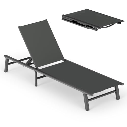 Ciokea Foldable Outdoor Lounge Chair, No Assembly Patio Chaise Lounge Outdoor with 5-Positions, Aluminum Pool Lounge Chair with Portable Design for Pool, Beach, Deck, Backyard, Grey - color: Grey-upgraded, size: 1 Pack