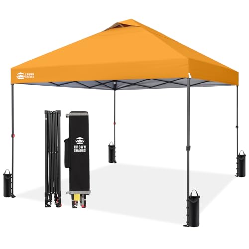 CROWN SHADES 10x10 Pop Up Canopy - Patented Center Lock One Push Instant Outdoor Canopy Beach Tent with STO-N-Go Bag 8 Stakes & 4 Sand Bags，Orange - style: Orange