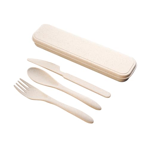 3-in-1 Portable Cutlery Set with Case – Reusable Camping Utensils – Travel Fork, Knife, Spoon Set for Camping, Picnic, Beige - color: Beige