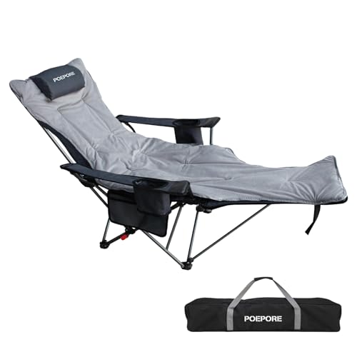 Reclining Camping Chair with Removable Footrest Lounge Chair with Headrest, Cotton Cushion, Portable Adjustable Folding Chairs - color: Gery, size: 1 pack