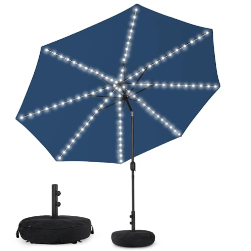 Sundale Outdoor Olefin 5-Year-Non-Fading Solar 104 LED 11FT Solar Patio Umbrella with Sand Bag Base, Outdoor Umbrella with Tilt and Crank, Navy - color: Navy Blue, size: 11FT