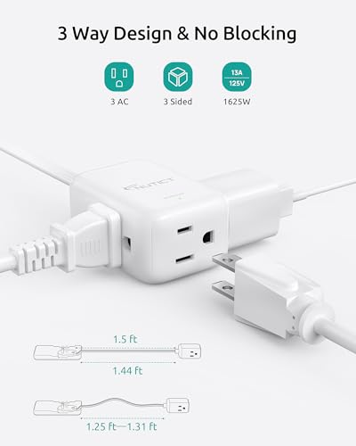 NUTICT 1.5FT Short Flat Extension Cord with 3 Outlets, Flat Wall Plug & Ultra-Thin Outlet Cover, ETL Listed, 13A/1625W, 900J Surge Protection, White Outlet Extender Plug Behind TV, Couch, Furniture - color: White, size: 1.5ft(3 Prong Plug), style: for Sta