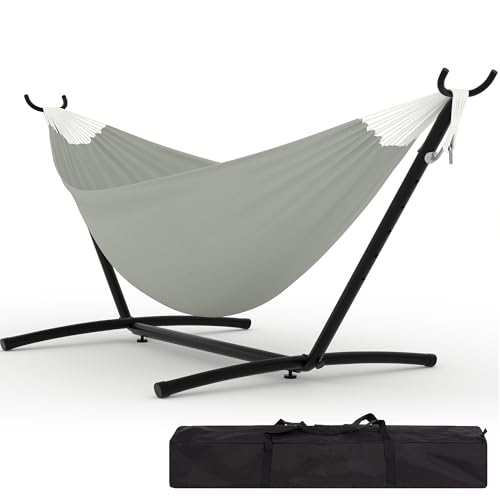 Double Hammocks with Stand for Outside, Portable Space Saving Heavy-Duty Steel Stand for Indoor Outdoor Patio with Carrying Bag, 450 lbs Capacity - color: Light Gray