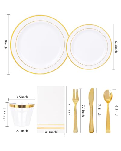 GATHER 700PCS Gold Plastic Plates - Whtie and Gold Disposable Dinnerware Sets 100Guest - 200 Disposable Plate, 300 Plastic Silverware, 100 Cups, 100 Napkins for Wedding & Party - color: Gold, size: 100 Guests