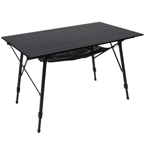 Portal Camping Table Portable Foldable with Adjustable Legs, Aluminum Folding Table Roll Up Table with Carrying Bag for Outdoor, Beach, Picnic, Backyards, BBQ and Party, Black, Big - color: Black, size: Extra Large-47.2"L x 27.6"W