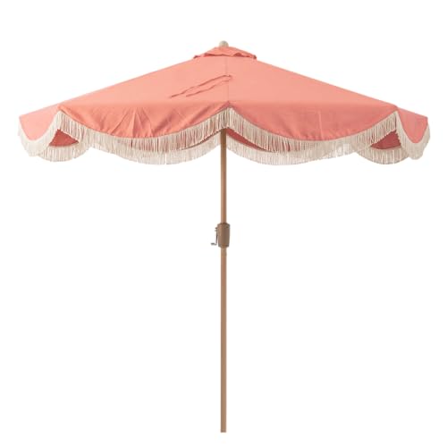 Tempera 9ft Auto Tilt Melon Red Scalloped Patio Umbrellas with Fringe, Outdoor Table Umbrellas with Fade Resistant Canopy,8 Sturdy Rids,Luxurious Vintage Umbrellas for Lawn,Pool,Balcony - color: Coral Red Tassels, size: 9 FT