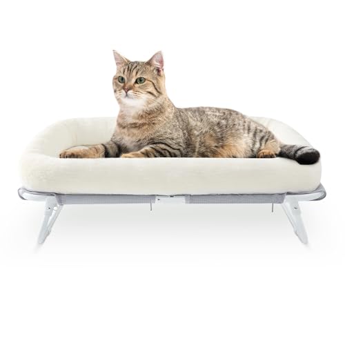 Sunhoo Elevated Cat Bed Foldable Raised Pet Hammock Self-Supporting Puppy Lounger with Off Floor Metal Frame Washable Cover for Small Dog Kitten Indoor Use 25.2x15.75x7.48 in (White) - color: White