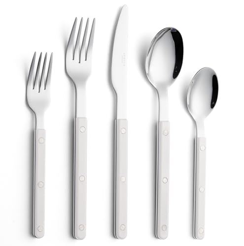 ANNOVA Silverware Set, Retro/Rivet Colorful Stainless Steel Tableware Kitchen Flatware Set Utensils, Includes Dinner Knives, Forks, Spoons, Salad Forks & Dessert Spoons (White, 10 Pieces) - color: White