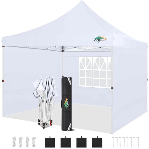 COBIZI 10x10 Pop Up with 3 Sidewalls, Canopy Tent 10x10 for Parties, Backyard, Commercial, Waterproof and Portable Instant Shelter UV50+ Outdoor Canopy Gazebo with 4 Sandbags(White) - color: White, size: 10x10ft With 3 Sidewalls