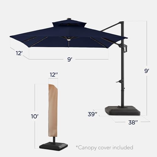 Best Choice Products 9x12ft LED Cantilever Patio Umbrella w/Base Included & 360° Rotation, Large Solar Offset Hanging Outdoor Sun Shade for Deck, Backyard Table w/Stand & Lights – Navy Blue - color: Navy Blue, size: 9x12ft