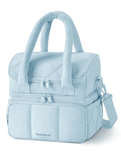 BAGSMART Lunch Bag Women, Double Deck Insulated Lunch Box, Quilted Puffer Lunch Tote, Leakproof, Durable & Reusable Large Lunch Cooler For Work Picnic Travel Meal Prep, Light Blue - color: Light Blue, size: Large(double deck)