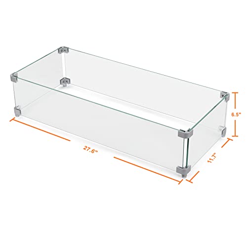 NUU GARDEN 27.6'' x 11.7'' x 6.5" Rectangular Fire Pit Wind Guard, Transparent Tempered Glass, Polished Aluminum Brackets, 3M Anti-Slip Pads, Fit for Best Choice 52-inch Fire Table WG01 - size: 27.6 X 11.7 X 6.5