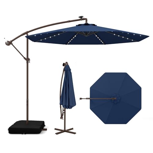 Tangkula 10FT Offset Patio Umbrella with Base Included, Outdoor Cantilever Umbrella with 40 Solar LED Lights, Tilt Adjustment, Crank Handle, Vented Top, Sand Bags for Pool Yard Deck (Navy) - color: Navy