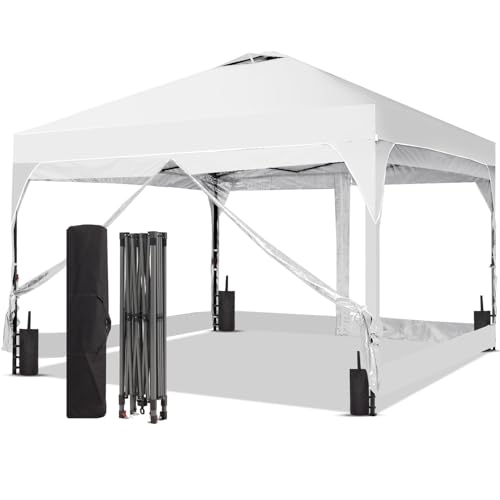 8x8 FT 1-Button Push Pop Up Canopy with 4 Clear PVC Sidewalls, Sandbags, Instant Canopy Tent for Outdoor Events - color: White, size: 8x8 with PVC Sidewalls