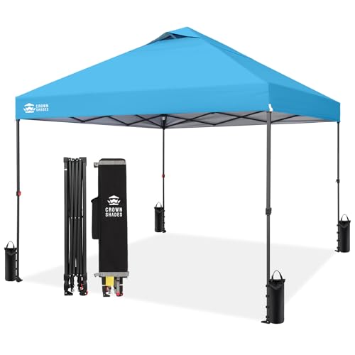 CROWN SHADES 10x10 Pop Up Canopy Tent - Patented Center Lock One Push Instant Outdoor Canopy Beach Tent with STO-N-Go Bag 8 Stakes & 4 Sand Bags，Sky Blue - style: Sky Blue