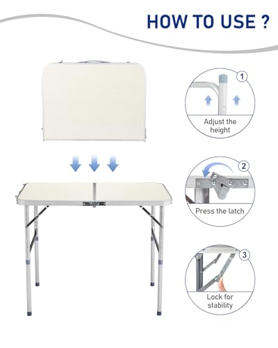 Outvita 3ft Portable Folding Camping Table, Outdoor Waterproof Adjustable Height Table, Aluminum Lightweight Suitcase Foldable Table for Picnic BBQ Beach Dining - color: Silver, size: 35*24*28