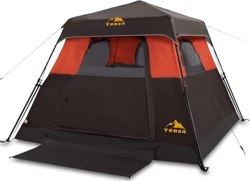 3/4 Person Camping Tent with 1 Door, 4 Windows, and Upgraded Ventilation– Instant Setup, Waterproof, 8'x 8'x 67''Oxford Fabric Floor Pop Up in 60 Seconds Includes Rainfly and Backpack - color: 4 Person Brick Red