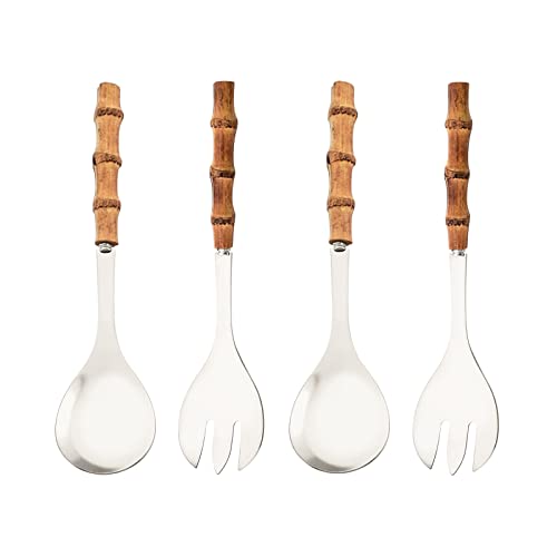 Serving Spoon and Fork Set, 304 Stainless Steel Serving Utensils with Natural Bamboo Handle, 10" Long Handle Serving Set for Kitchen Party Buffet, 4 Pieces / 2 of Each - color: 4-Piece Serving Utensils