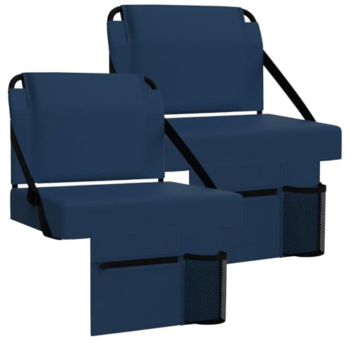 2pcs Stadium Seat for Bleachers with Back Support，Portable Bleacher Chairs with Back and Cushion，Includes Shoulder Strap and Cup Holder - color: Navy,2 Pack