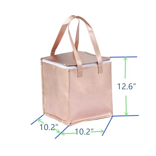 10.2×10.2×12.6" Reusable Insulated Zipper Aluminum Foil Tote Bag Suit for Picnic Cake FruitDrink Refrigeration Also for Delivery of Takeaway Thermal Pizza Insulated Delivery (Laser Rose Gold) - color: Laser ROSE GOLD, size: 10.2×10.2×12.6"