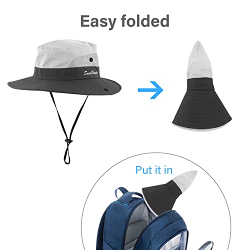 3 Pieces Womens Ponytail Wide Brim Sun Hat Packable UV Protection Beach Cap for Fishing & Hiking - color: Purple＆sky Blue＆beige