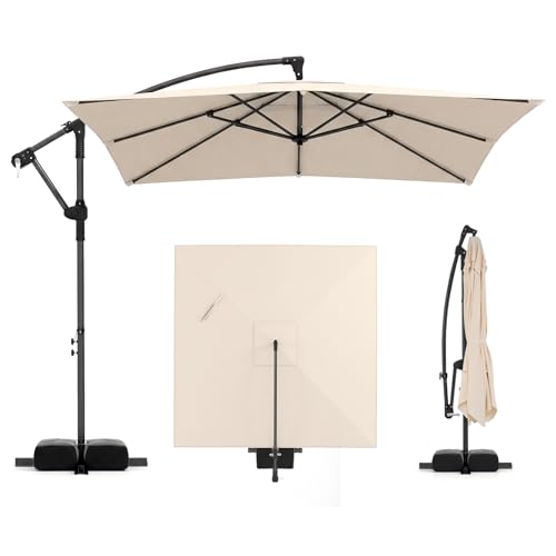 Tangkula 8x8 FT Patio Umbrella with Base Included, Square Offset Cantilever Outdoor Umbrella with 360 Degree Rotation, Crank Handle, Sandbags, 8 Ribs for Pool Deck Garden Backyard - color: Beige, size: 8 FT