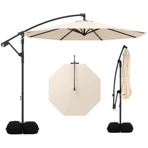 Tangkula 10ft Patio Umbrella with Base Included, Offset Cantilever Outdoor Umbrella with 360 Degree Rotation, Crank Handle, Sun-Protective Canopy for Pool Deck Garden Backyard (Beige) - color: Beige, size: 10 FT