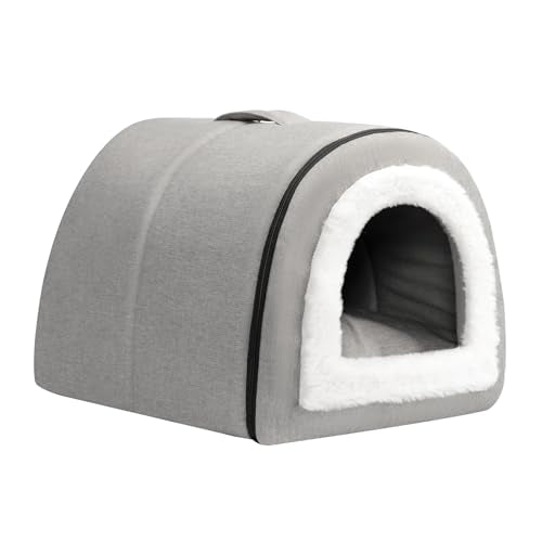 Hollypet Cat Bed Self-Warming 2 in 1 Foldable Kitty Cave Hut House Nest Pet Sleeping Bed, Linen Pet Condo for Indoor Cats, Gray Arched Cave - color: Gray Arched Cave