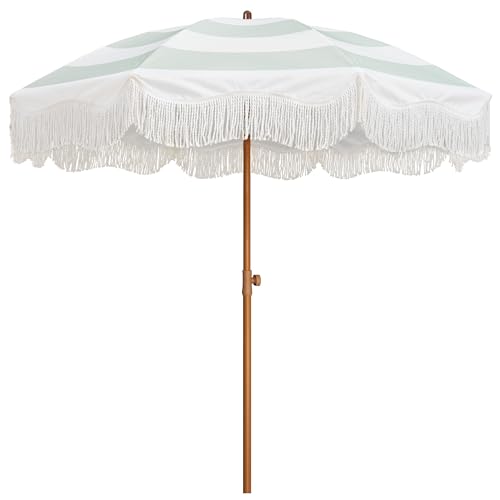AMMSUN Boho Fringe Umbrella Outdoor Patio, 6.5ft UPF50+ Picnic Umbrella with Tassels with Steel Pole and Push Button Tilt, Vintage Green Stripe - color: Vintage Green Stripe