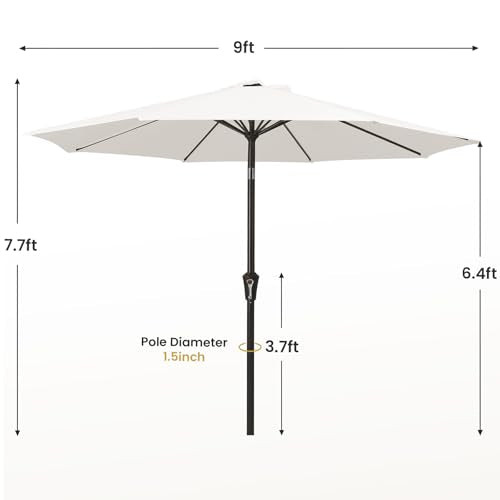 MEWAY 9ft Patio Umbrella Outdoor Table Umbrellas with Push Button Tilt and Crank, Market Umbrella 8 Sturdy Ribs for Deck, Garden, Pool and Backyard, Creamy-white - color: Creamy-white, size: 9ft