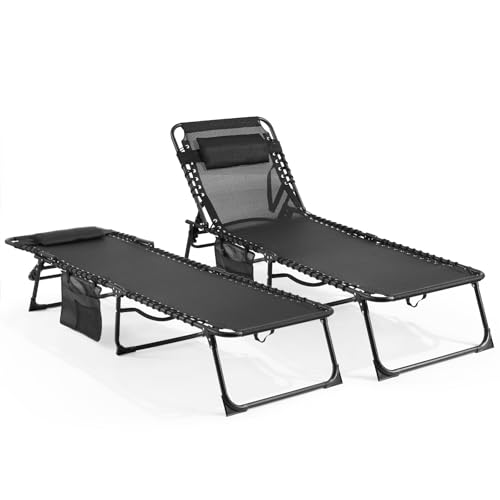 Unovivy Outdoor Chaise Lounge Chairs Set of 2, Portable Folding Pool Lounge Chair with 5-Position Reclining Back, Teslin Tanning Chair for Pool, Beach, Patio, Sunbathing - color: Black