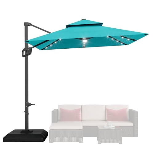 9ft Outdoor Patio Umbrella Heavy Duty 8 Ribs, Waterproof UV Protection Sun Shade with Crank Lift & Push Button Tilt, Outdoor Umbrella for Deck, Pool, Garden, Backyard, Lawn - color: Turquoise Blue&Square-Lights, size: 10FT Roman