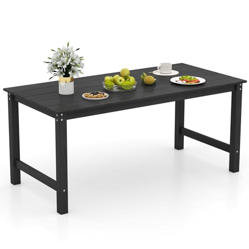 Tangkula HDPE Outdoor Dining Table for 6 Person, 67” Patio Table with Wood-Like Tabletop and Umbrella Hole, Weather-Resistant Rectangle Table for Garden, Backyard and Poolside (Black, 1 Table) - color: Black, size: 1 Table