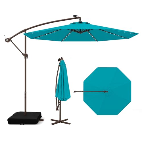 Tangkula 10FT Offset Patio Umbrella with Base Included, Outdoor Cantilever Umbrella with 40 Solar LED Lights, Tilt Adjustment, Crank Handle, Vented Top, Sand Bags for Pool Yard Deck (Turquoise) - color: Turquoise