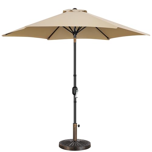 Yaheetech 9FT Patio Umbrella Outdoor with Heavy Duty Base Included,Table Umbrella with Push Button Tilt and Crank, UV Protection Waterproof for Yard/Outdoor/Wedding Parties and Events - Tan - color: Tan, size: 9FT