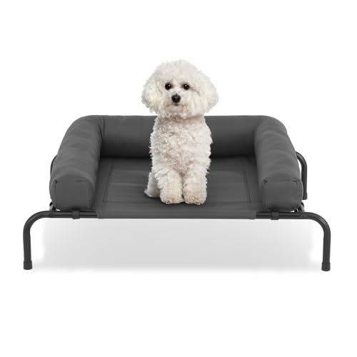 Magshion Cooling Elevated Dog Bed w/Removable Bolster, Portable Raised Outdoor Indoor Dog Cots Chew Proof Pet Hammock with Breathable Mesh for Small Dogs up to 50 lbs, Dark Gray