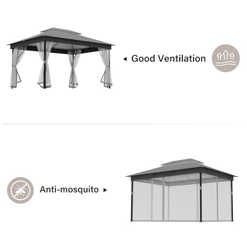 LAUSAINT HOME 10'x13' Outdoor Patio Gazebo with Mosquito Netting, Double Roof Outdoor Gazebo Pavilion Shelter for Backyard, Garden, Lawn, Wedding (Grey) - color: Gray, size: 10'x13' - w/o curtains