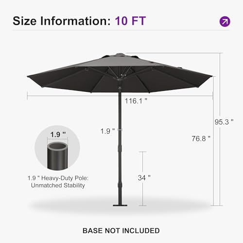 PURPLE LEAF 10Ft Round Semi-Auto Outdoor Patio Umbrella Aluminium Market Umbrella Table Sun Umbrella with 1.89" Rod and 8 Sturdy Ribs for Deck Lawn Pool Garden, Gray - color: Gray, size: 10 ft