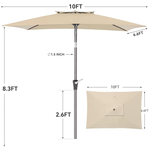 6.6 x 10 ft Rectangular Patio Umbrella, Outdoor Market Table Umbrella with Push Button Tilt and Crank, Double-Tier Vent, 6 Ribs, Rectangle Patio Umbrella for Backyard, Deck, Pool, Fits 4–6 Chairs and Tables (Beige) - color: Beige