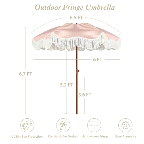 AMMSUN Boho Fringe Umbrella Outdoor Patio, 6.5ft UPF50+ Picnic Umbrella with Tassels with Steel Pole and Push Button Tilt, Pink Stripe - color: Pink Stripe