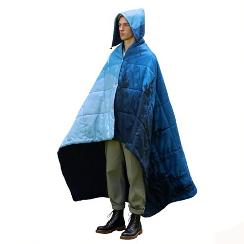 zzlamb Hooded Stadium Blanket,Waterproof Outdoor Camping Blanket Polar Fleece,Warm Windproof Portable for Stadium,Sports,Picnic,Beach,Car,Pets,56x75in Cyan Ridge Fade - color: Cyan Ridge Fade