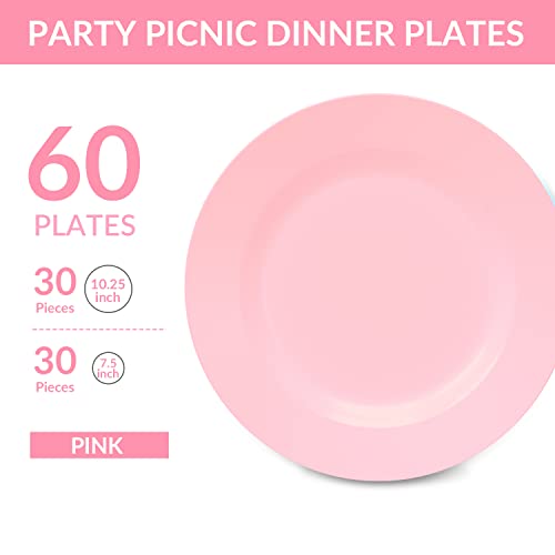 POSATE Plastic Plates Disposable 60 PCS, Heavy Duty 30 Dinner Plates 10.25" and 30 Dessert Plates 7.5" for Party, Pink - color: Pink